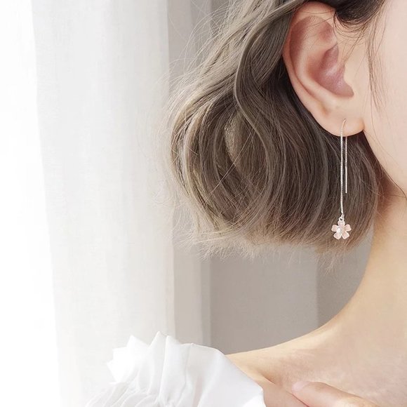 S925 Flower Long Chain Threader Earrings - Picture 2 of 9